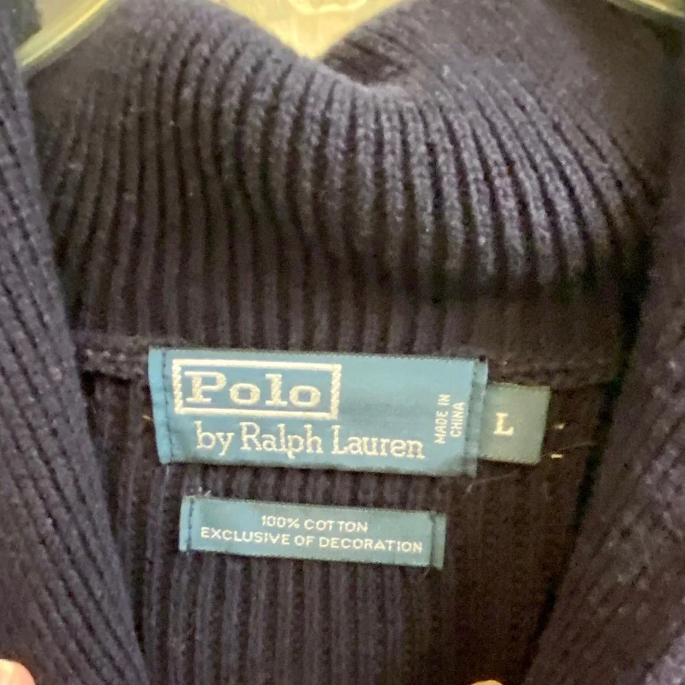 Polo Ralph Lauren Shawl Collar Sweater Mens L Blue Ribbed Knit Button Pullover